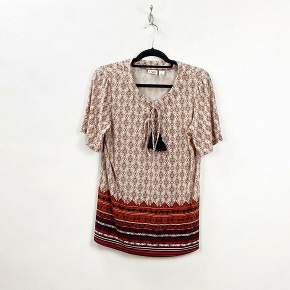 Cato Large Womens Red Ivory Boho Print Tassel Blouse - Picture 1 of 7